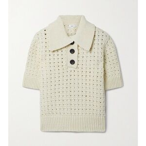 A.L.C. Archer Cream Pointelle Knit Cotton Polo Top | Short Sleeve | Size S
